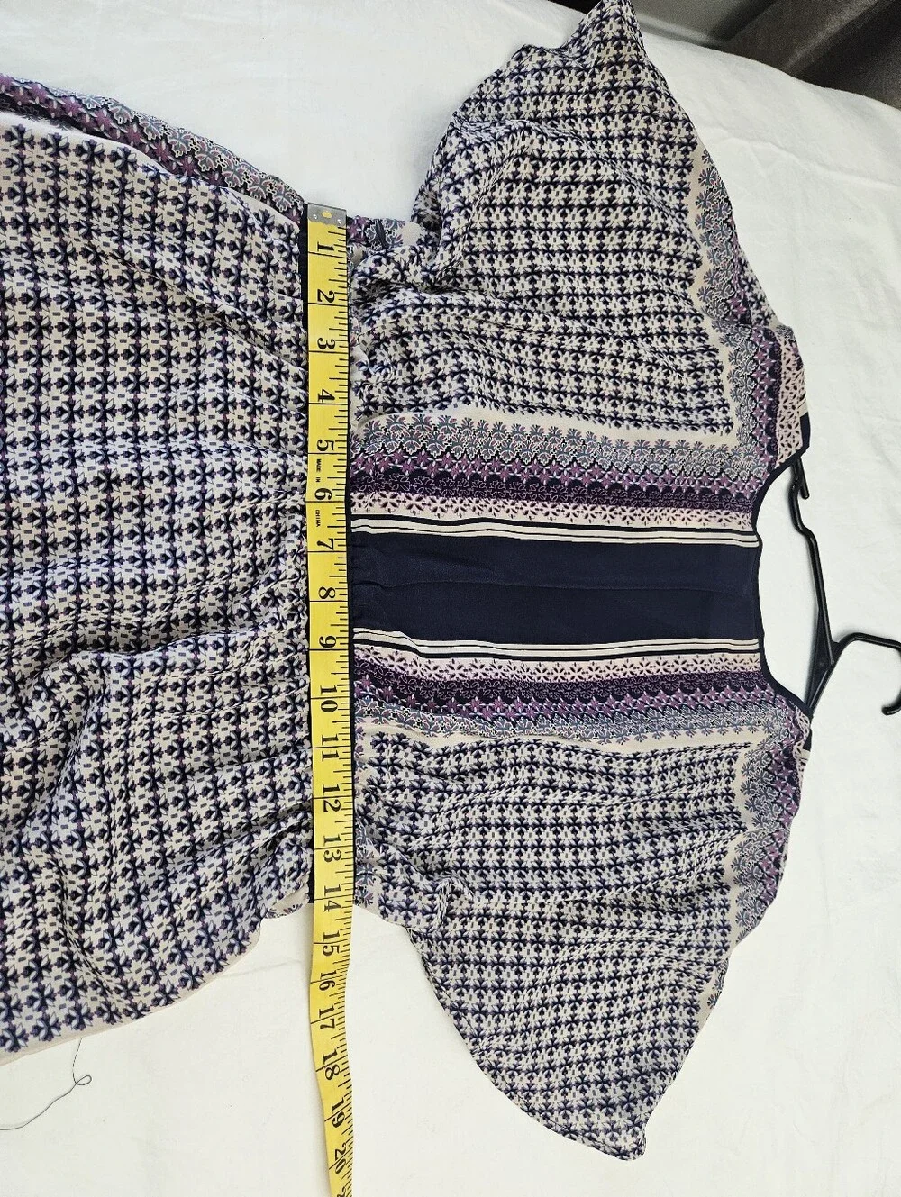 100 % Silk Daniel Rainn Navy, Cream and Purple V-Neck Patterned Tunic